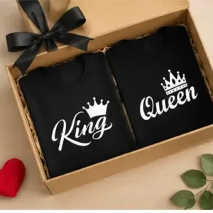 King Queen Couple T-Shirt Set – Printed Cotton Blend Matching T-Shirts for Men & Women (Pack of 2) ( default, MEN - XL/ WOMEN - XL )