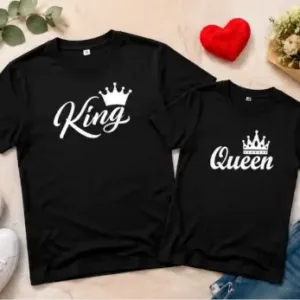 King Queen Couple T-Shirt Set – Printed Cotton Blend Matching T-Shirts for Men & Women (Pack of 2) ( default, MEN - XL/ WOMEN - XL )