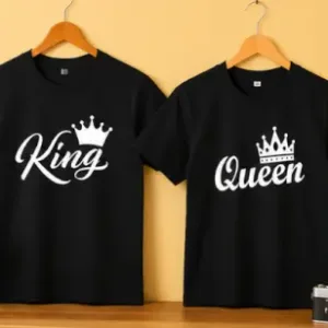 King Queen Couple T-Shirt Set – Printed Cotton Blend Matching T-Shirts for Men & Women (Pack of 2) ( default, MEN - S/ WOMEN - S )