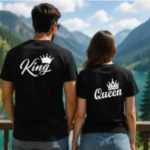 King Queen Couple T-Shirt Set – Printed Cotton Blend Matching T-Shirts for Men & Women (Pack of 2) ( default, MEN - XL/ WOMEN - XL )