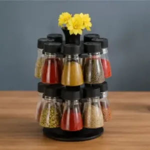 16-in-1 Revolving Condiment Set – Rotating Plastic Spice Rack & Kitchen Masala Organizer ( black, OS )