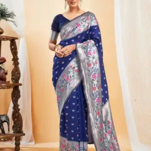 Jacquard Saree Blooming Elegance Collection ( Navy Blue, OS )